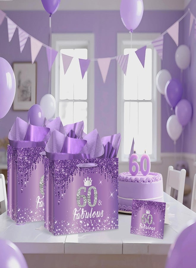 Yoirrat Purple Silver 60th Birthday Gift Bag for Women 60 & Fabulous Large Purple Happy 60th Birthday Gift Bag with Wrapping Paper and Card for 60th Bday Decorations Party Supplies - Image 2